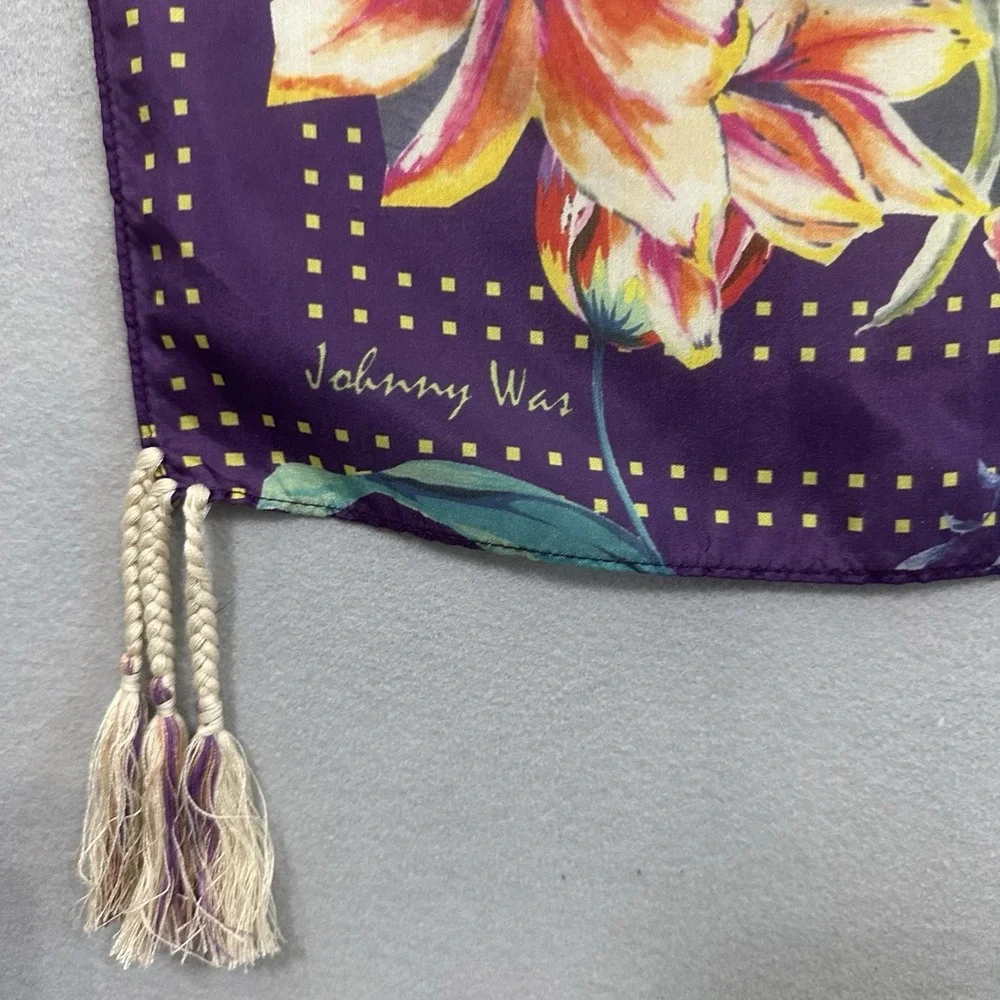Johnny‎ Was Silk Floral Print Scarf Tasseled Colorful Artsy Boho Square Women's